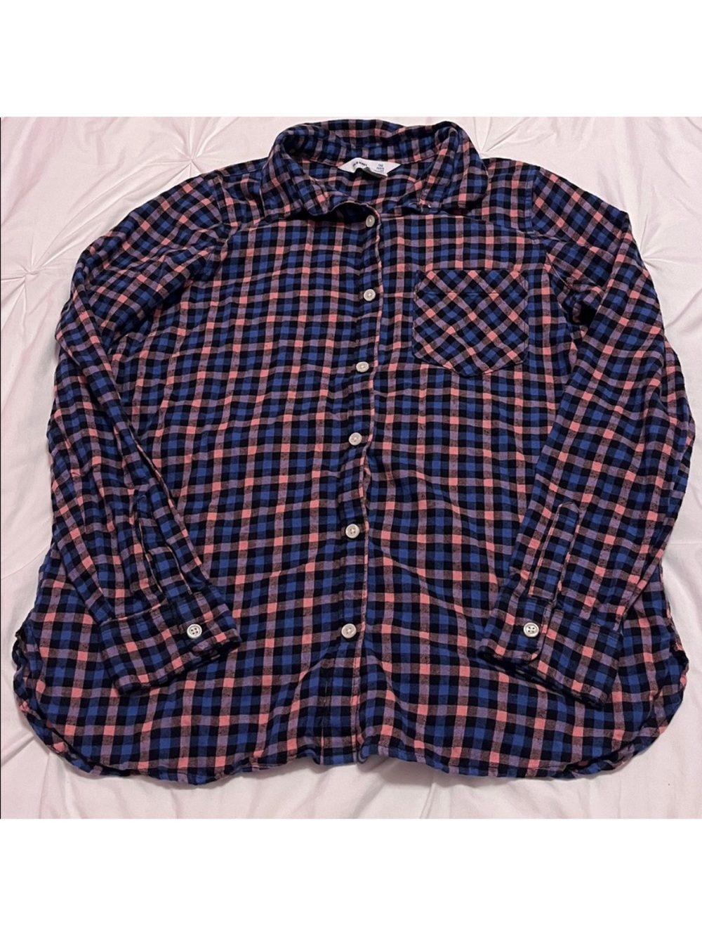 Plaid Button-Up Shirt in Navy and Pink